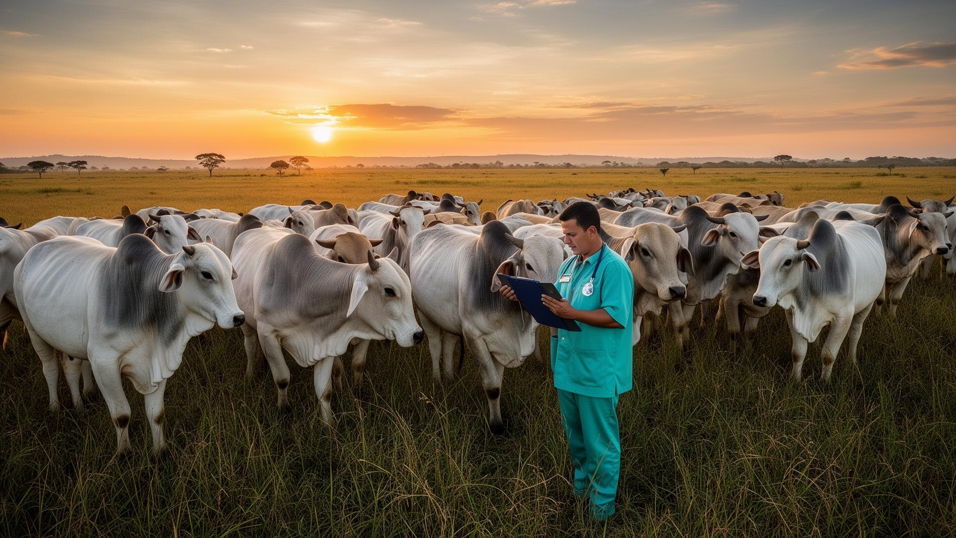 Veterinário com prancheta inspecionando rebanho Nelore ao amanhecer