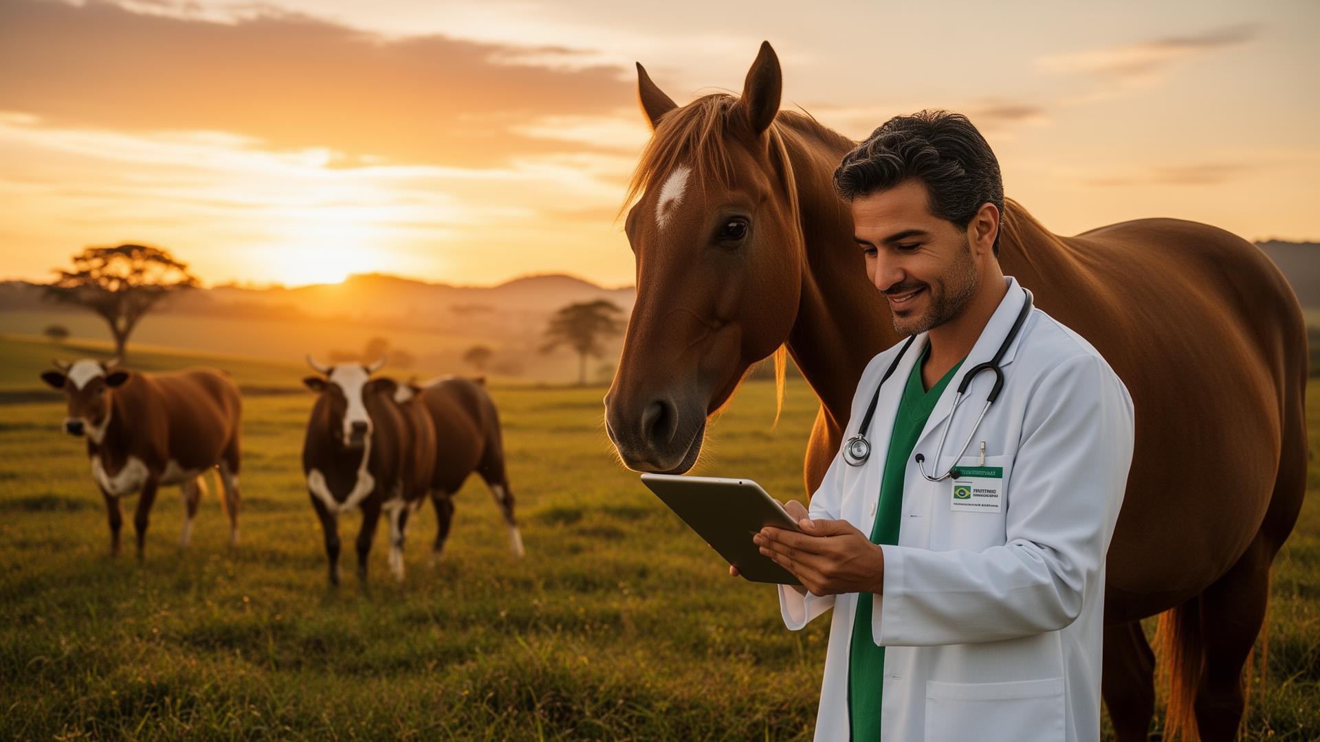 Veterinário usando tablet ao lado de cavalo e bovinos em pasto ao entardecer